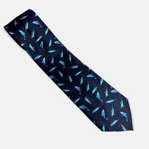 Parquet Dolphin Fish Tie Novelty Navy Blue Polyester Hand Made 3.5” x 59.5”